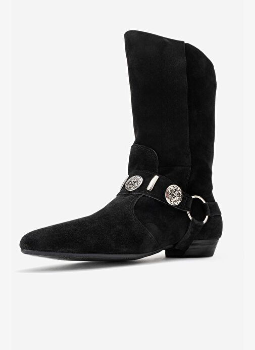 SELORA Siyah Süet Püsküllü Hakiki Deri Tokalı Kadın Western Bot - Görsel 5