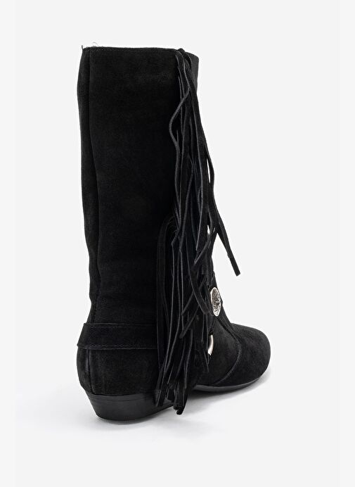 SELORA Siyah Süet Püsküllü Hakiki Deri Tokalı Kadın Western Bot - Görsel 6