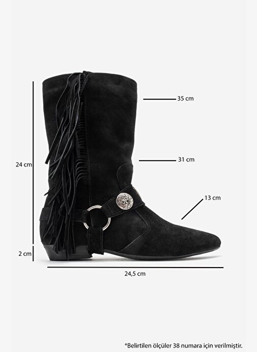 SELORA Siyah Süet Püsküllü Hakiki Deri Tokalı Kadın Western Bot - Görsel 7