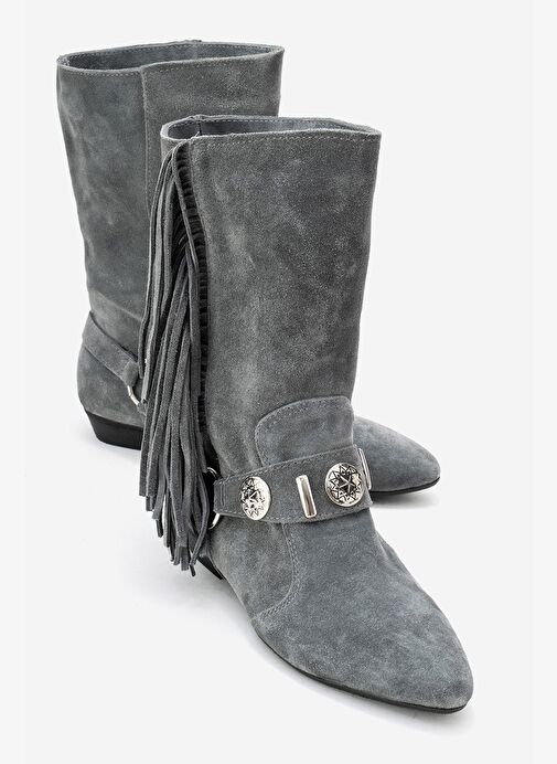 SELORA Gri Süet Püsküllü Hakiki Deri Tokalı Kadın Western Bot - Görsel 2