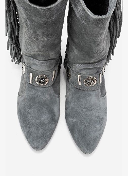 SELORA Gri Süet Püsküllü Hakiki Deri Tokalı Kadın Western Bot - Görsel 3