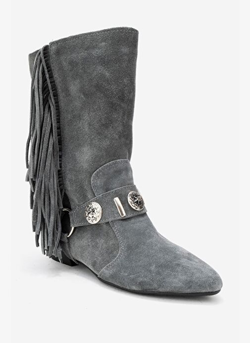 SELORA Gri Süet Püsküllü Hakiki Deri Tokalı Kadın Western Bot - Görsel 4