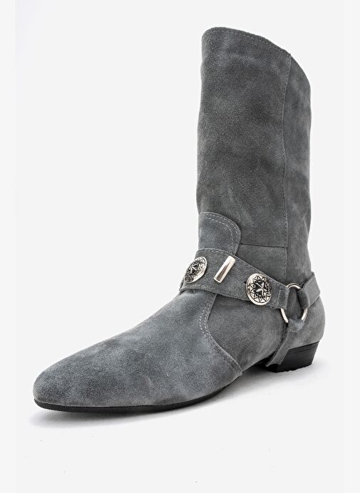 SELORA Gri Süet Püsküllü Hakiki Deri Tokalı Kadın Western Bot - Görsel 5