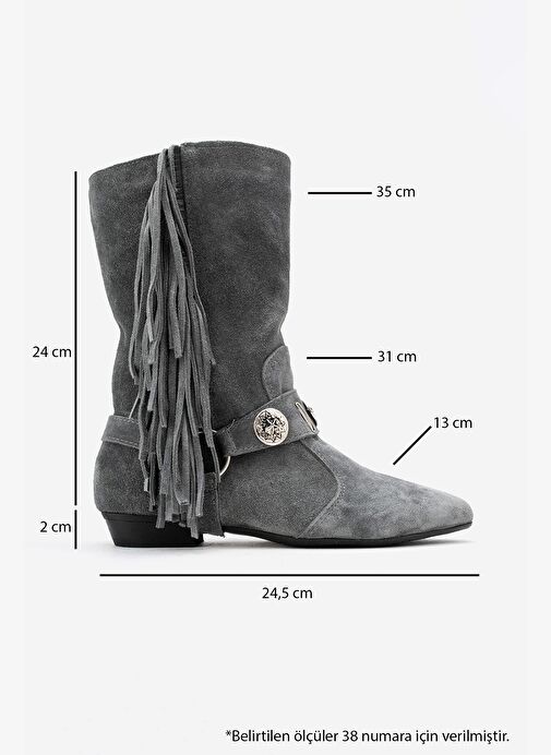 SELORA Gri Süet Püsküllü Hakiki Deri Tokalı Kadın Western Bot - Görsel 7