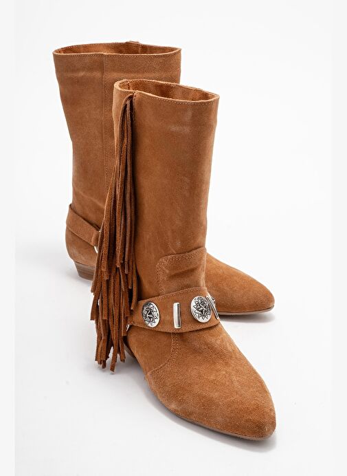 SELORA Taba Süet Püsküllü Hakiki Deri Tokalı Kadın Western Bot - Görsel 2