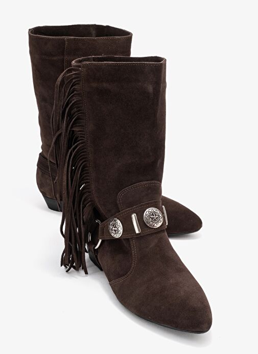 SELORA Kahverengi Süet Püsküllü Hakiki Deri Tokalı Kadın Western Bot - Görsel 2
