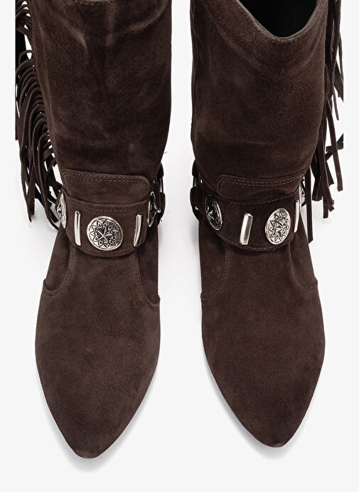 SELORA Kahverengi Süet Püsküllü Hakiki Deri Tokalı Kadın Western Bot - Görsel 3