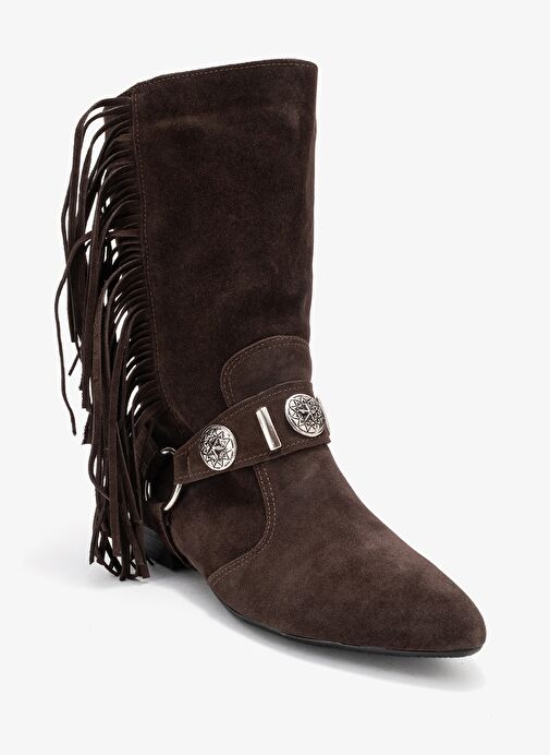 SELORA Kahverengi Süet Püsküllü Hakiki Deri Tokalı Kadın Western Bot - Görsel 4