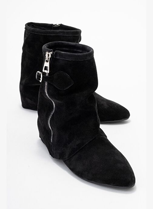 NOAR Siyah Süet Hakiki Deri Büzgülü Fermuarlı Kadın Bot - Görsel 2