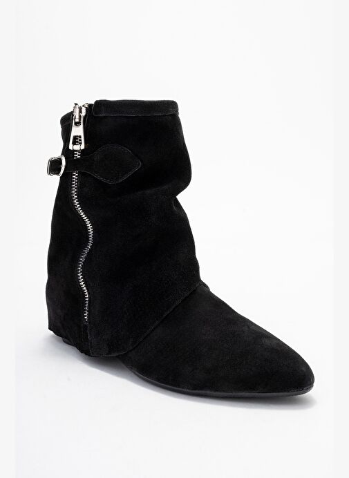 NOAR Siyah Süet Hakiki Deri Büzgülü Fermuarlı Kadın Bot - Görsel 4