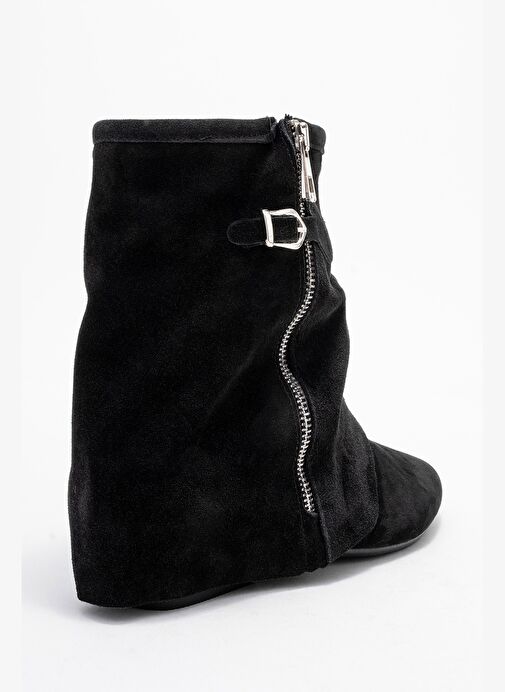 NOAR Siyah Süet Hakiki Deri Büzgülü Fermuarlı Kadın Bot - Görsel 6
