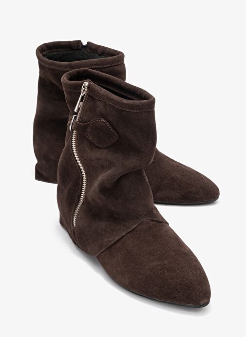 NOAR Kahverengi Süet Hakiki Deri Büzgülü Fermuarlı Kadın Bot - Görsel 2