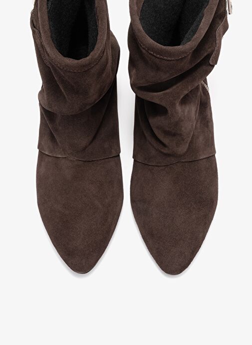 NOAR Kahverengi Süet Hakiki Deri Büzgülü Fermuarlı Kadın Bot - Görsel 3