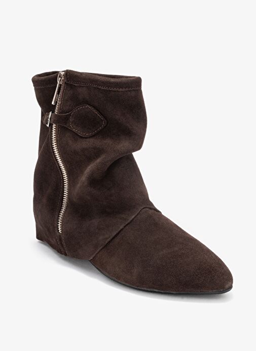 NOAR Kahverengi Süet Hakiki Deri Büzgülü Fermuarlı Kadın Bot - Görsel 4