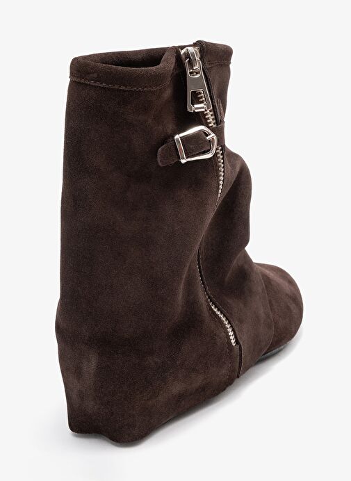 NOAR Kahverengi Süet Hakiki Deri Büzgülü Fermuarlı Kadın Bot - Görsel 6