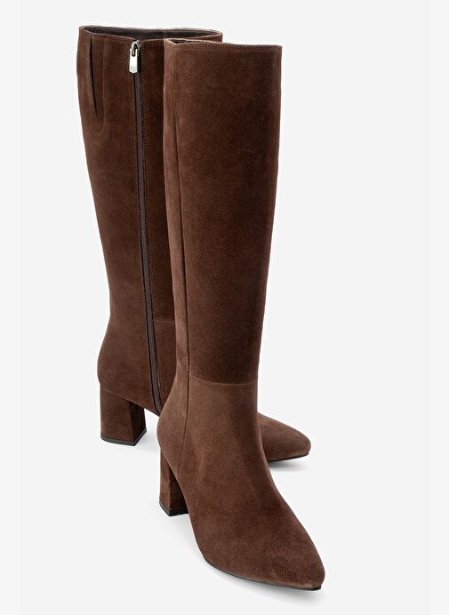 SEJAS Kahverengi Hakiki Deri Süet Kadın Topuklu Çizme - Görsel 2