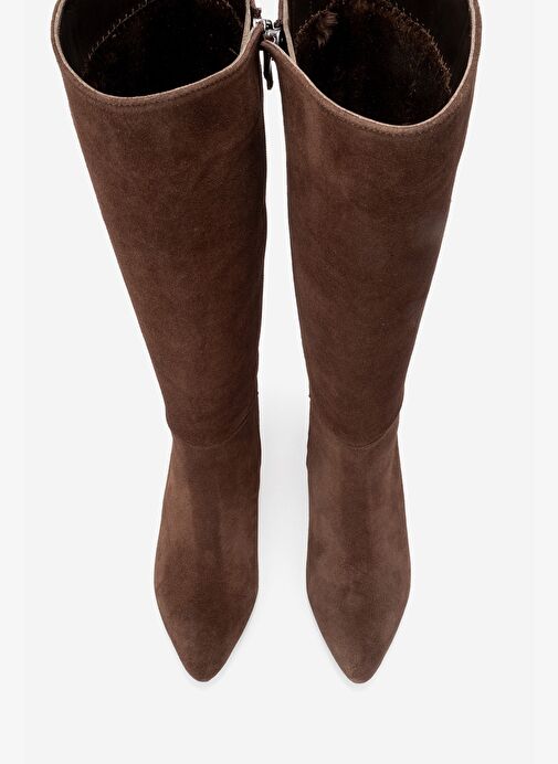 SEJAS Kahverengi Hakiki Deri Süet Kadın Topuklu Çizme - Görsel 3