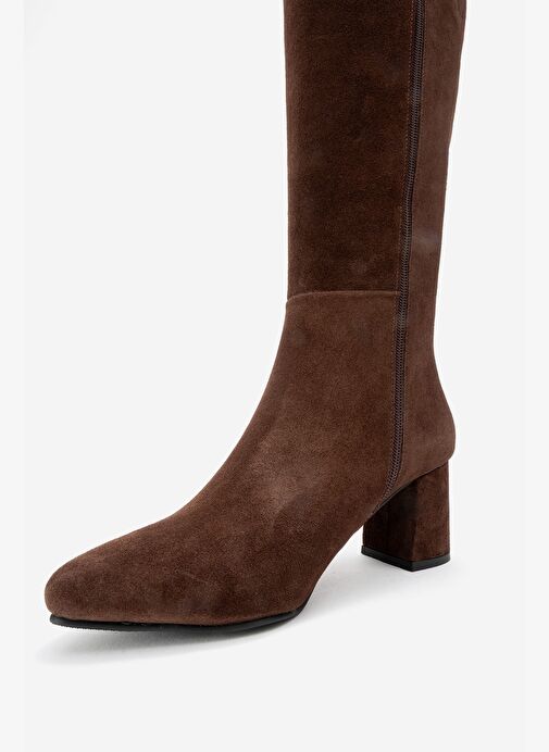SEJAS Kahverengi Hakiki Deri Süet Kadın Topuklu Çizme - Görsel 5