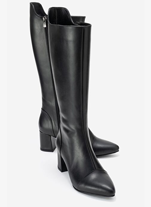 LUMIN Siyah Cilt Hakiki Deri Kadın Kalın Topuklu Çizme - Görsel 2