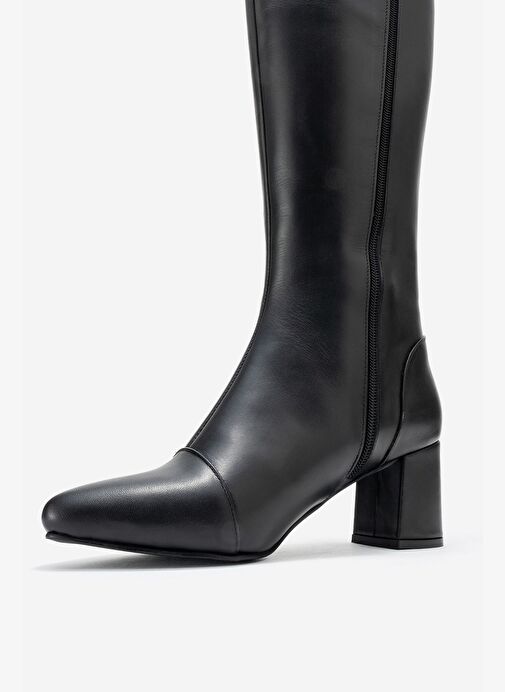 LUMIN Siyah Cilt Hakiki Deri Kadın Kalın Topuklu Çizme - Görsel 5