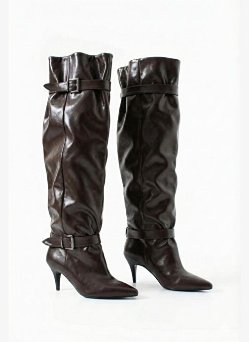 Kadın Acı Kahve Kemer Detaylı Kırışık Rugan Tokalı Uzun Çizme - Görsel 2