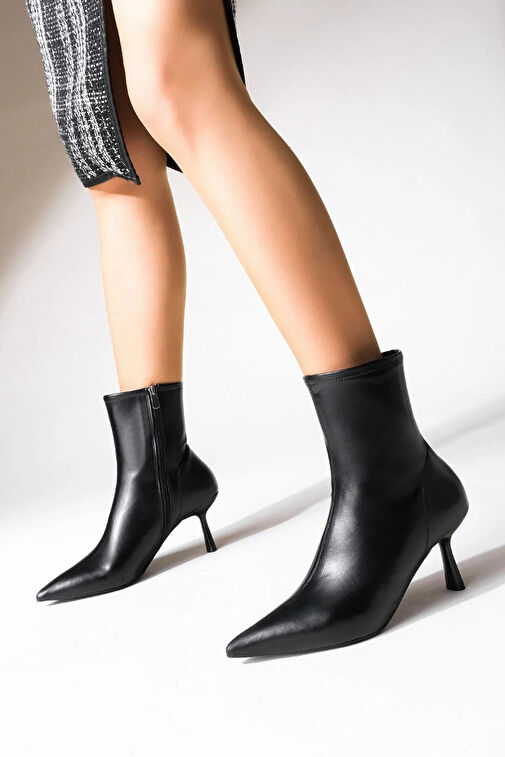 Kadın Topuklu Bot Sivri Burun Kadeh Ökçe Günlük Klasik Bot Tepon Siyah - Görsel 9
