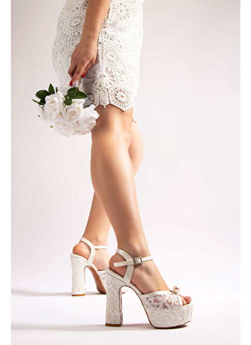 Lolita Kadın Platform Topuklu Gelinlik Ayakkabı Beyaz Dantel - Görsel 4
