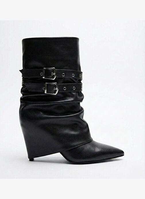 Kadın Siyah Kısa Körüklü Tokalı Sivri Burun Çizme - Görsel 3