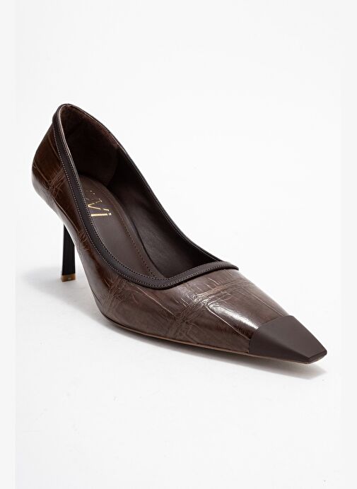 RONA Açık Kahverengi Baskı Mat Burunlu Kadın Topuklu Ayakkabı - Görsel 4