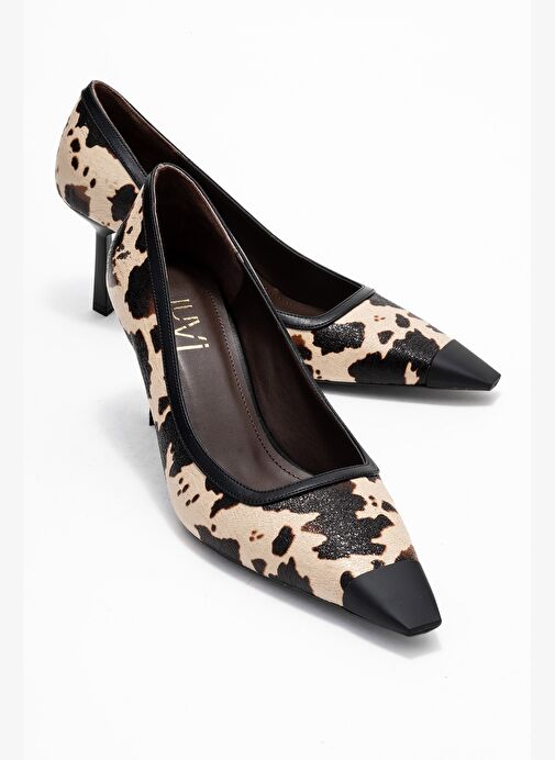 RONA Siyah Bej Desenli Mat Burunlu Kadın Topuklu Ayakkabı - Görsel 2