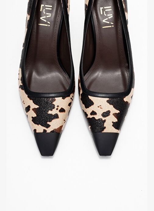 RONA Siyah Bej Desenli Mat Burunlu Kadın Topuklu Ayakkabı - Görsel 3