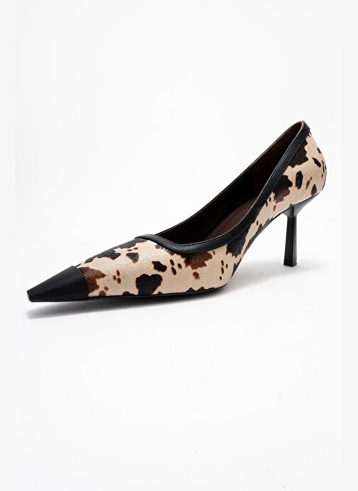 RONA Siyah Bej Desenli Mat Burunlu Kadın Topuklu Ayakkabı - Görsel 5