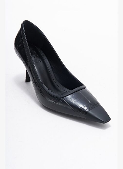 RONA Siyah Baskı Mat Burunlu Kadın Topuklu Ayakkabı - Görsel 4