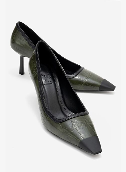 RONA Yeşil Baskı Mat Burunlu Kadın Topuklu Ayakkabı - Görsel 2