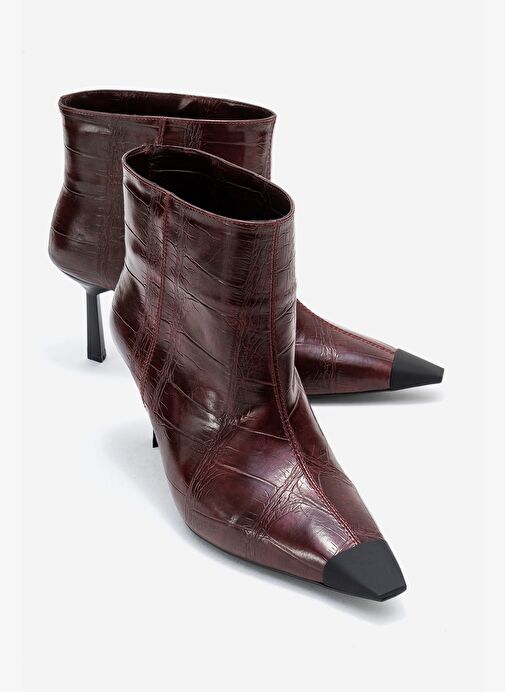 RASSEL Bordo Baskı Mat Burunlu Kadın İnce Topuklu Bot - Görsel 2