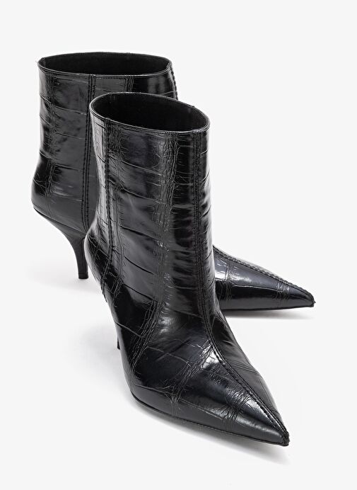 NUVIA Siyah Baskı Sivri Burunlu Kadın Topuklu Bot - Görsel 2
