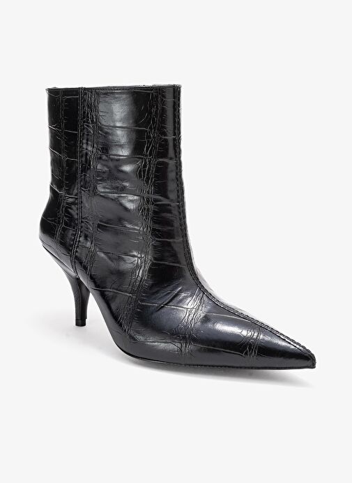 NUVIA Siyah Baskı Sivri Burunlu Kadın Topuklu Bot - Görsel 4