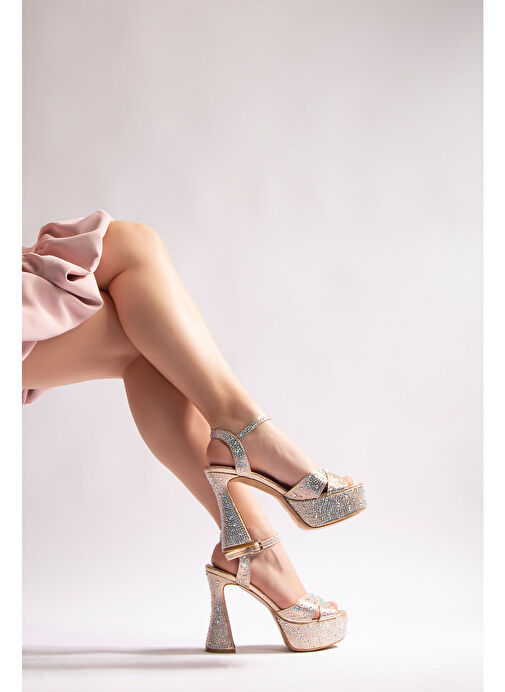 Camelia Kadın Abiye Platform Topuklu Ayakkabı Altın Taşlı - Görsel 8