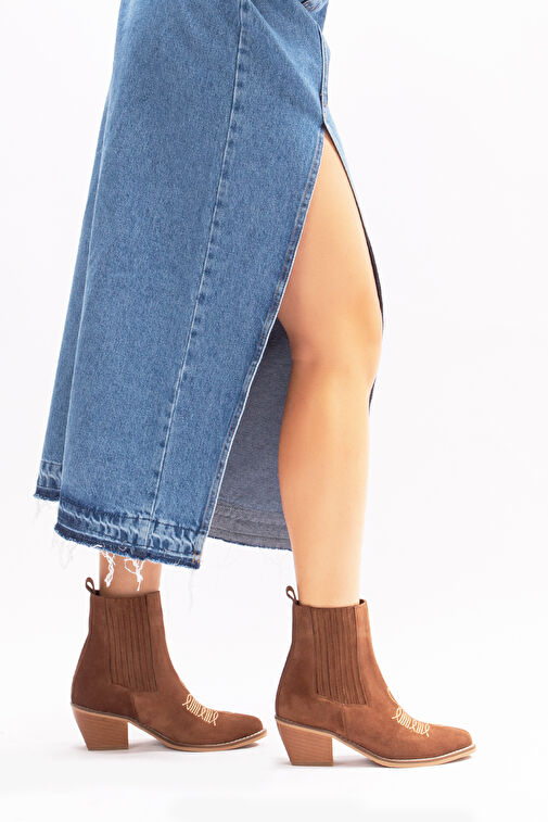 Milan Gerçek Deri Kadın Western Bot Kahve Süet - Görsel 5