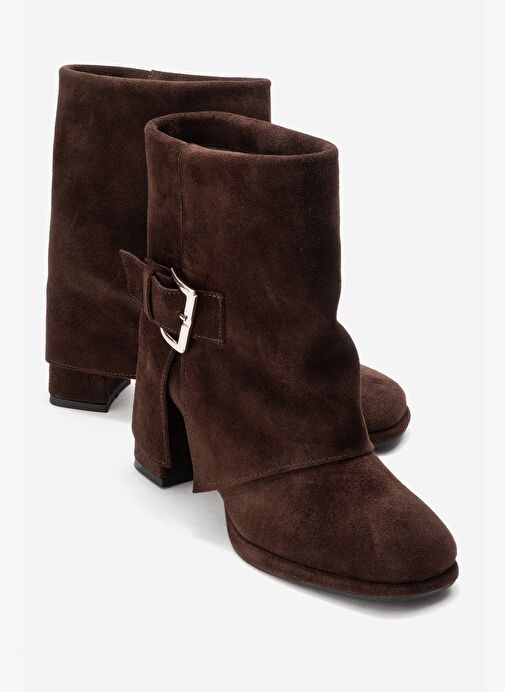 LORE Kahverengi Süet Hakiki Deri Tokalı Kadın Topuklu Bot - Görsel 2