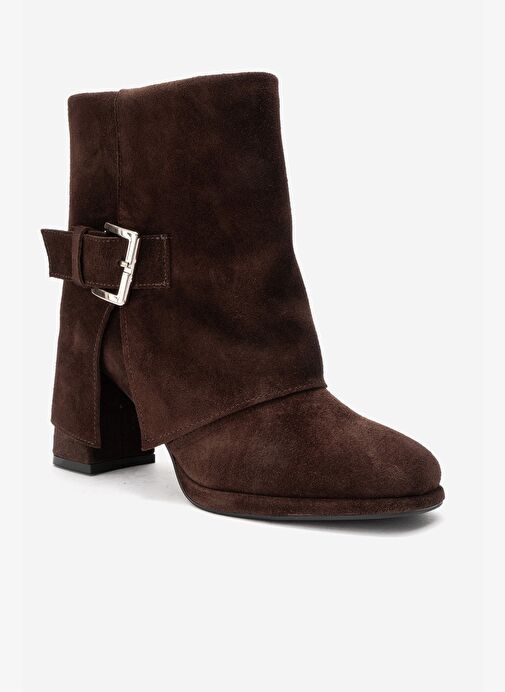 LORE Kahverengi Süet Hakiki Deri Tokalı Kadın Topuklu Bot - Görsel 4