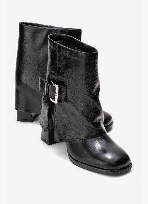 LORE Siyah Kırışık Rugan Hakiki Deri Tokalı Kadın Topuklu Bot - Görsel 2