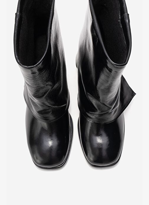LORE Siyah Kırışık Rugan Hakiki Deri Tokalı Kadın Topuklu Bot - Görsel 3