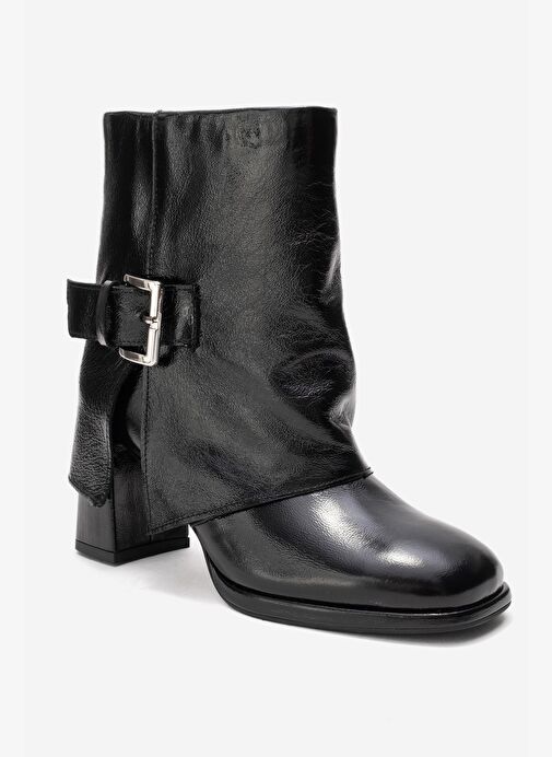 LORE Siyah Kırışık Rugan Hakiki Deri Tokalı Kadın Topuklu Bot - Görsel 4