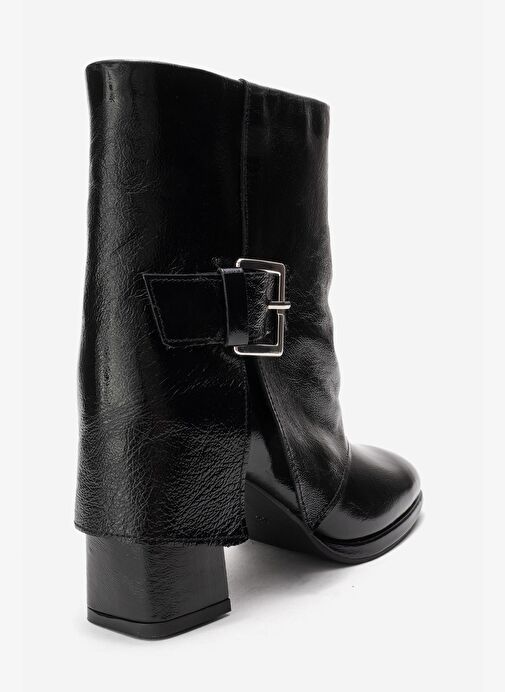 LORE Siyah Kırışık Rugan Hakiki Deri Tokalı Kadın Topuklu Bot - Görsel 6