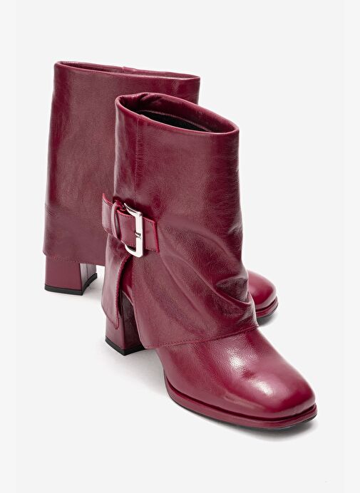LORE Bordo Kırışık Rugan Hakiki Deri Tokalı Kadın Topuklu Bot - Görsel 2