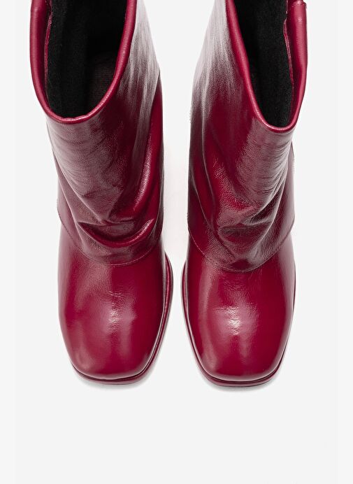 LORE Bordo Kırışık Rugan Hakiki Deri Tokalı Kadın Topuklu Bot - Görsel 3