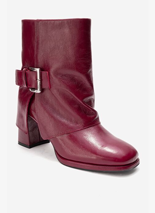 LORE Bordo Kırışık Rugan Hakiki Deri Tokalı Kadın Topuklu Bot - Görsel 4