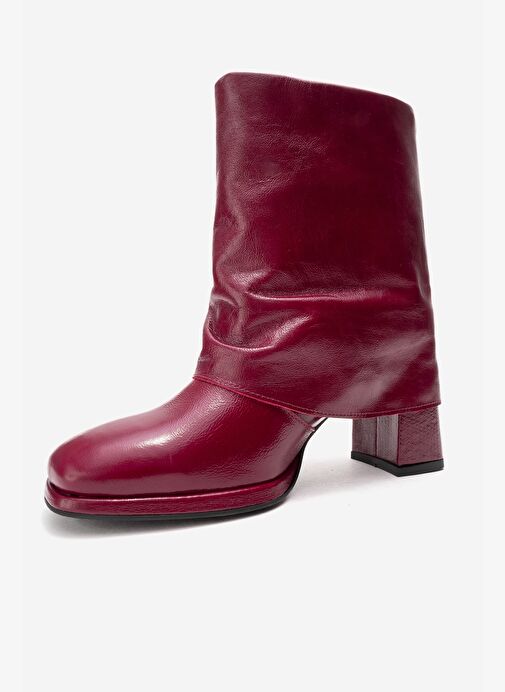 LORE Bordo Kırışık Rugan Hakiki Deri Tokalı Kadın Topuklu Bot - Görsel 5