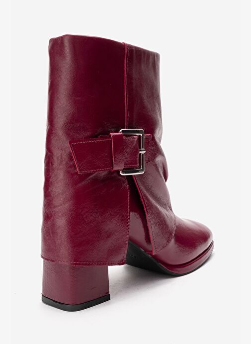 LORE Bordo Kırışık Rugan Hakiki Deri Tokalı Kadın Topuklu Bot - Görsel 6